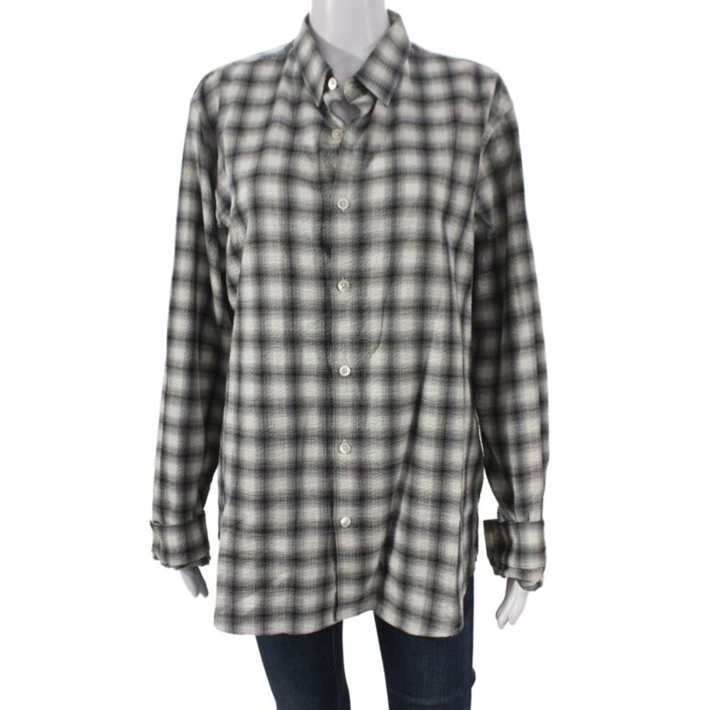 Theory Womens Black Cotton Button-Up Plaid Collared Long Sleeve Basic Size L